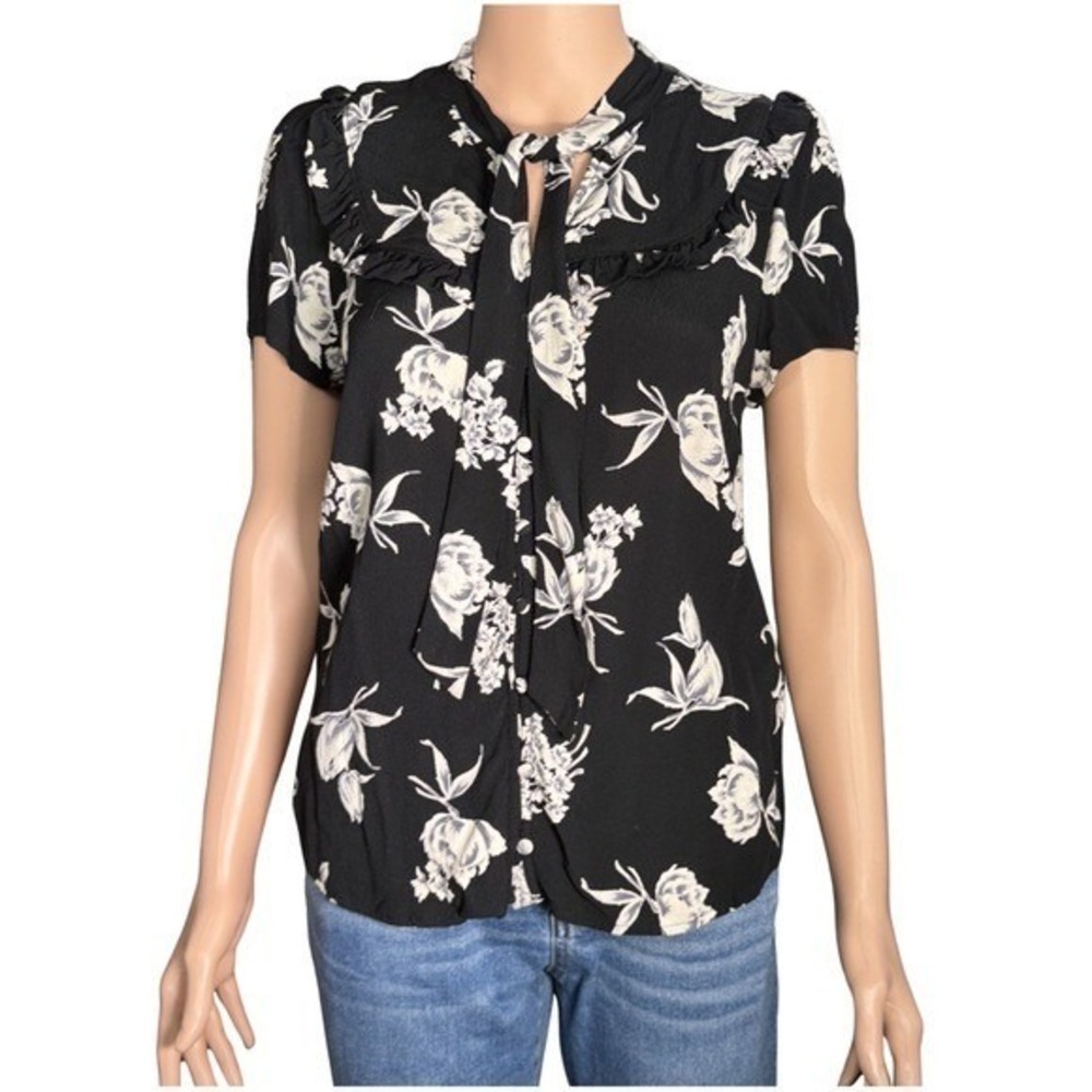 Maeve Anthropologie Black White‎ Floral Tie Neck Ruffle Blouse Top Size M